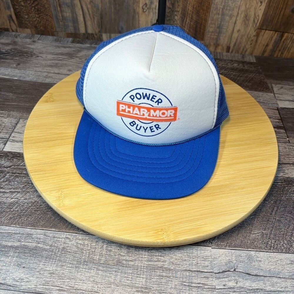 Vintage Phar-Mor “Power Buyer” Trucker Hat – Blue & White Mesh Snapback – 1980s